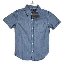 Eddie Bauer Boys Shirt XS 5/6 Short Sleeve Button Up Blue Denim Chambray Pocket